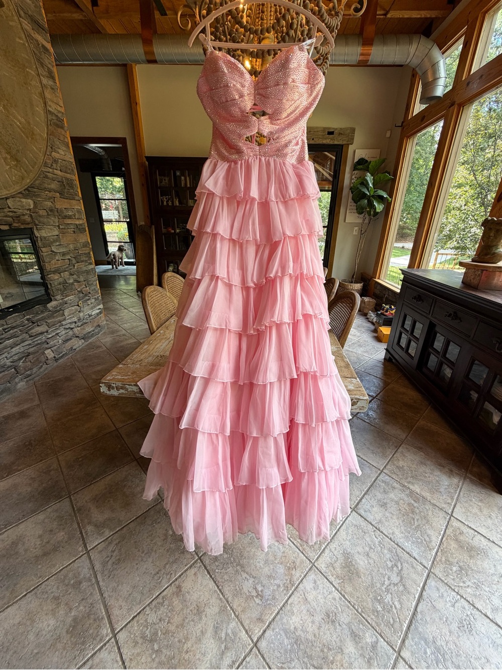 Sherri Hill Pink Sparkle Tiered Ruffle Prom Gown